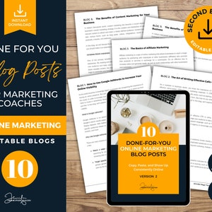 May include: A digital product mockup with a yellow and orange design. The text reads "10 Done-For-You Online Marketing Blog Posts" and "Copy, Paste, and Show Up Consistently Online". The product is available in Google Docs and MS Word formats.