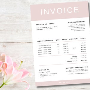 May include: A pink and white invoice with the title "Invoice" and the invoice number "#0001". The invoice lists the date of invoice, date due, item description, quantity, price, discount, and total. The invoice also includes the company name, address, website, email, and phone number. The invoice is for a client named "Client Name" with an address of "123 Client St., Client City, Client State, Country 12345". The invoice also includes payment information, including the bank name, account number, and PayPal email address.