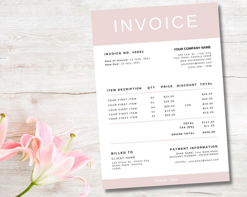May include: A pink and white invoice with the title "Invoice" and the invoice number "#0001". The invoice lists the date of invoice, date due, item description, quantity, price, discount, and total. The invoice also includes the company name, address, website, email, and phone number. The invoice is for a client named "Client Name" with an address of "123 Client St., Client City, Client State, Country 12345". The invoice also includes payment information, including the bank name, account number, and PayPal email address.