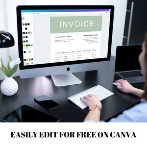 May include: A computer screen displaying a customizable invoice template on Canva. The template has a green background with the word "INVOICE" in white text. The invoice includes fields for invoice number, date, company name, item description, quantity, price, discount, and total. The screen is on a black desk with a keyboard and mouse.