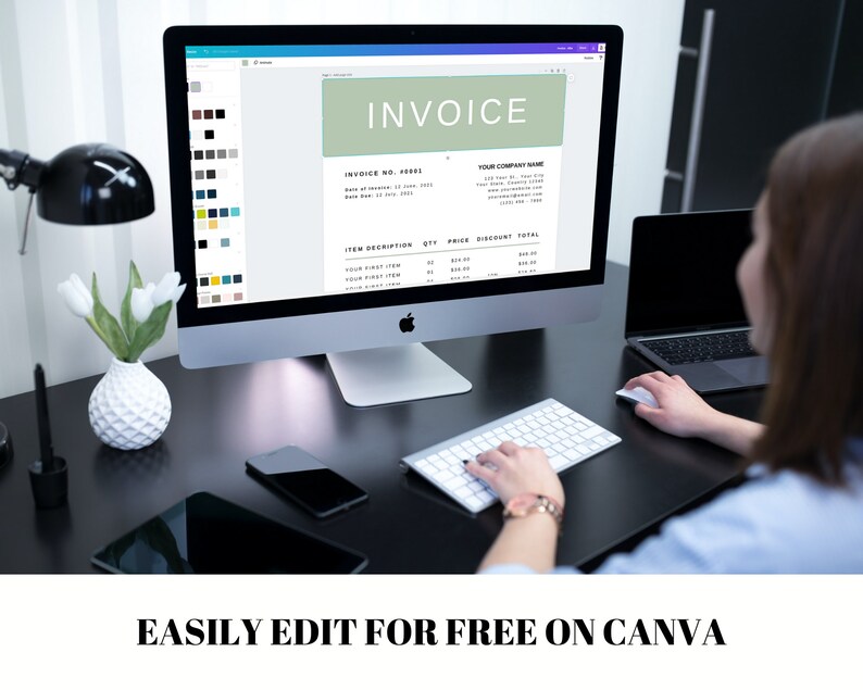 May include: A computer screen displaying a customizable invoice template on Canva. The template has a green background with the word "INVOICE" in white text. The invoice includes fields for invoice number, date, company name, item description, quantity, price, discount, and total. The screen is on a black desk with a keyboard and mouse.