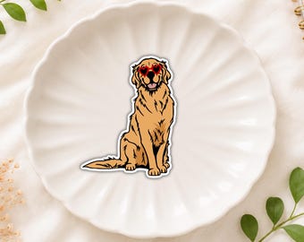 Golden Retriever Vinyl Sticker | Cute Dog with Heart Glasses