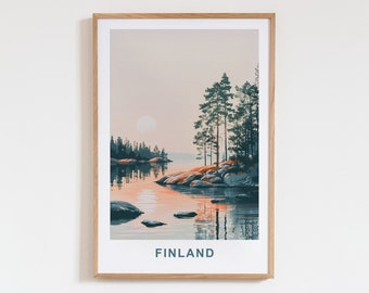 Finland Printable Travel Art Poster - Forest Lake Sunset View, Calm Serene Atmosphere, Striking beauty of nature
