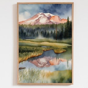 Poster impression d'art aquarelle Mount Rainier - art mural de voyage, idée cadeau Noël, cadeau d'anniversaire, art mural parc national