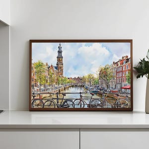 Amsterdam Watercolor Cityscape Print, Netherlands Travel Poster, Amsterdam Skyline Art, Dutch Wall Decor, Watercolor Amsterdam Painting image 9