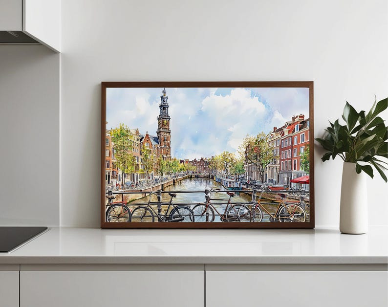 Amsterdam Watercolor Cityscape Print, Netherlands Travel Poster, Amsterdam Skyline Art, Dutch Wall Decor, Watercolor Amsterdam Painting image 9