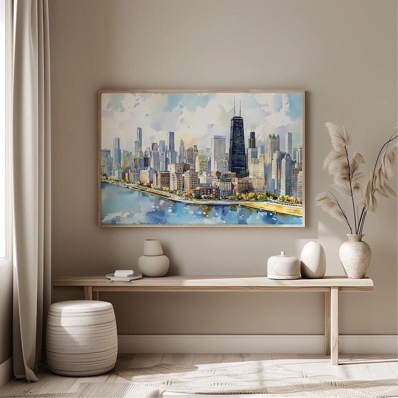 Quadro decorativo de Chicago para parede - Pintura em aquarela da paisagem urbana - Decoração com o horizonte de Chicago - Pôster de viagem para Illinois - Presente para casa imagem 3
