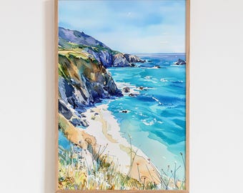 Big Sur Aquarell Druck, Wandkunst an der kalifornischen Küste, Küstenlandschaft, Küstenlandschaft, Ozean-Stranddekor, Reisegeschenk für Naturliebhaber