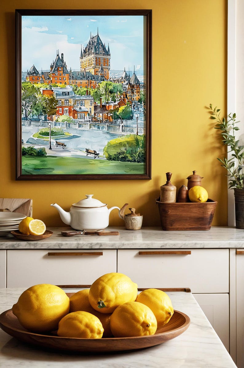 May include: A framed watercolor painting of a castle and cityscape hangs above a kitchen counter. A white teapot, lemons, and a wooden bowl with lemons are on the counter. The painting features a brown frame and a view of a city with a castle.