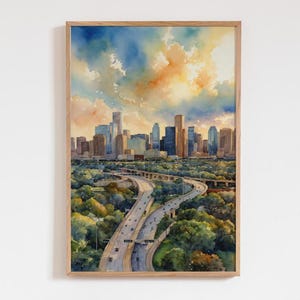Houston Skyline Wall Art - Texas Watercolor Print - Houston Travel Poster - Home Decor Gift - Houston Texas Painting