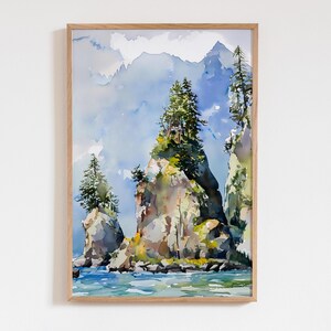 Stampa ad acquerello del Parco Nazionale dei Fiordi di Kenai, decorazione murale con la natura dell'Alaska, dipinto di un paesaggio sereno, idea regalo per avventure all'aria aperta