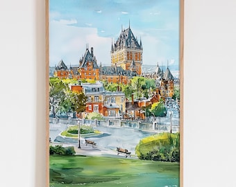 Château Frontenac Quebec City Watercolor Print, Canada Wall Art, Historic Architecture Painting, Travel Gift, Pastel Landscape Decor
