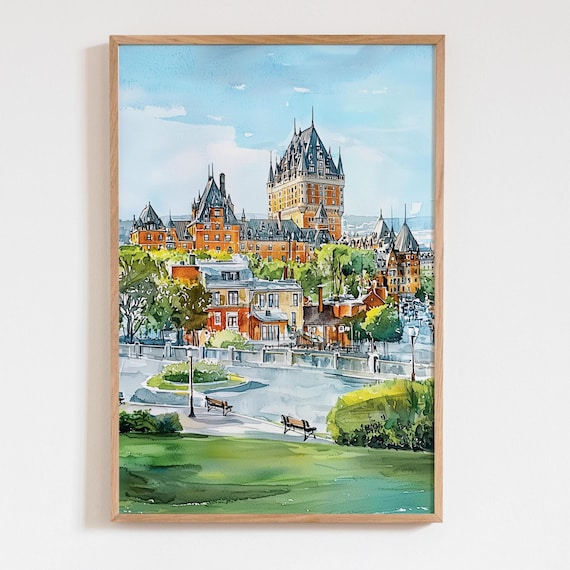 Château Frontenac Quebec City Watercolor Print, Canada Wall Art, Historic Architecture Painting, Travel Gift, Pastel Landscape Decor