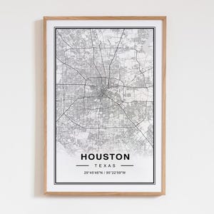 Poster impression d'art carte de Houston - Houston Texas voyage art mural déco, carte des rues de Houston TX cadeau unique pour toute occasion