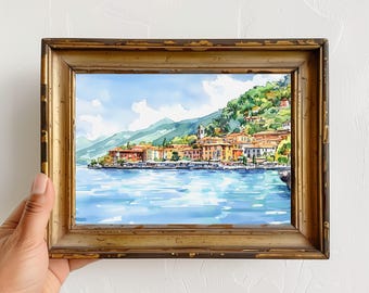 Impressão em aquarela do Lago de Como, arte de parede em Bellagio, Itália, pintura de paisagem italiana, pôster de viagem, arte de cidade europeia, presente para viajante