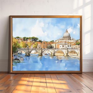 Rome Cityscape Watercolor Art Print, St. Peters Basilica Wall Art, Tiber River Painting, Neutral Color Travel Poster, Italy Architecture
