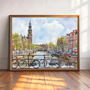 Amsterdam Watercolor Cityscape Print, Netherlands Travel Poster, Amsterdam Skyline Art, Dutch Wall Decor, Watercolor Amsterdam Painting image 2