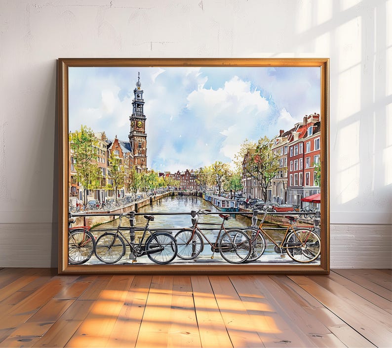 Amsterdam Watercolor Cityscape Print, Netherlands Travel Poster, Amsterdam Skyline Art, Dutch Wall Decor, Watercolor Amsterdam Painting image 2