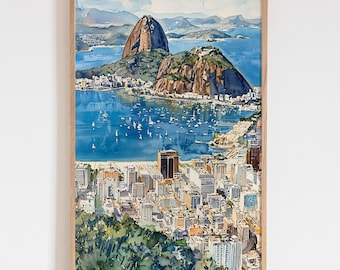 Rio de Janeiro Watercolor Print, Brazil Wall Art, Sugarloaf Mountain Painting, Coastal Cityscape Decor, Tropical Travel Gift Idea