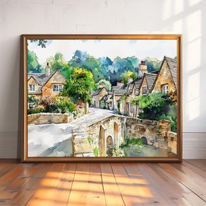 Impresión de acuarela de la campiña inglesa - Paisaje de pueblo de Cotswolds - Arte mural de la Inglaterra rural - Regalo único - Decoración de pueblo inglés