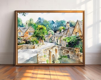 English Countryside Watercolor Print - Cotswold Village Landscape - Rural England Wall Art - Unique Gift - English Village Decor
