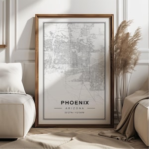 Poster impression d'art carte de Phoenix - Phoenix Arizona voyage murale art déco, carte des rues de Phoenix AZ cadeau unique