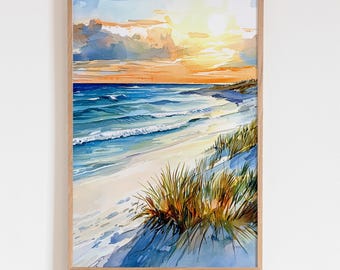 Poster artistico acquerello con motivo Lake Coast - Decorazione murale nautica - Decorazione estiva per la casa sul lago - Stampa artistica costiera