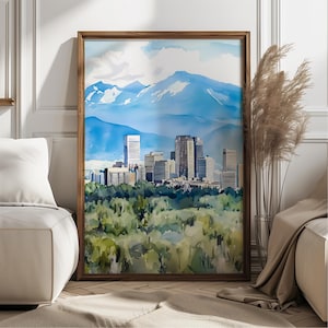 Denver Skyline Watercolor Art Print, Rocky Mountains Wall Decor, Blue White Cityscape Poster, Colorado Gift for Traveler or Local