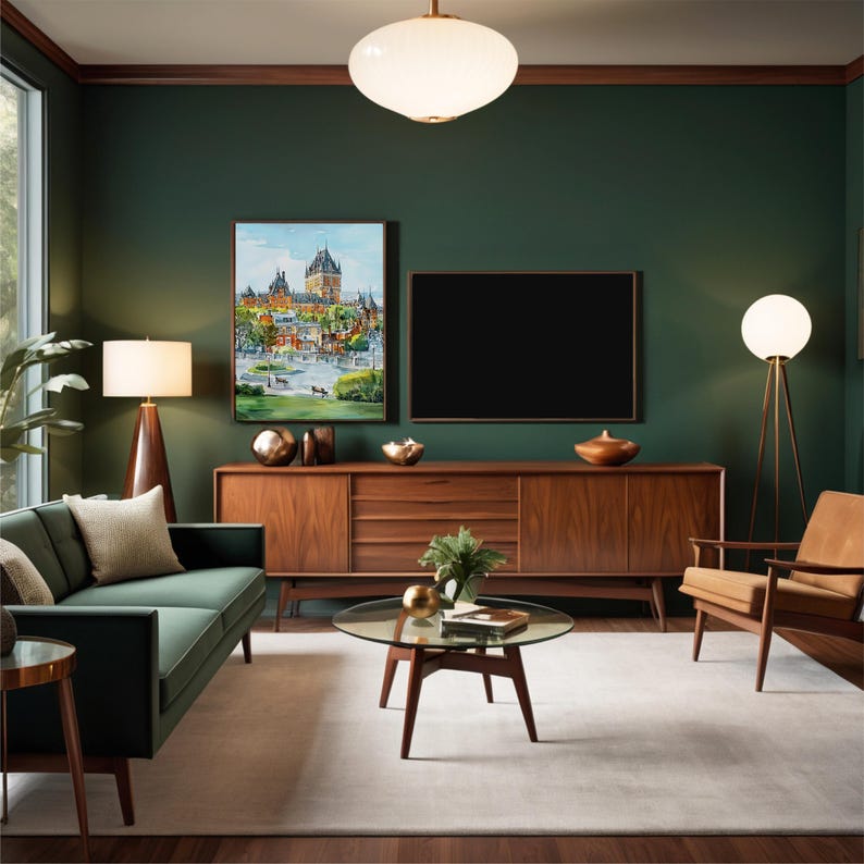 May include: A mid-century modern living room with a green sofa, wooden furniture, and a large painting. The room features a round glass coffee table, a large TV, and a white rug. A floor lamp and a pendant light illuminate the space.