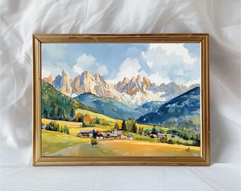 Dolomiten Aquarell Druck, Berg Kunst, Italienische Alpen Landschaft, Herbst Natur Wanddekor, Buntes Dorf Gemälde, Reise Geschenkidee
