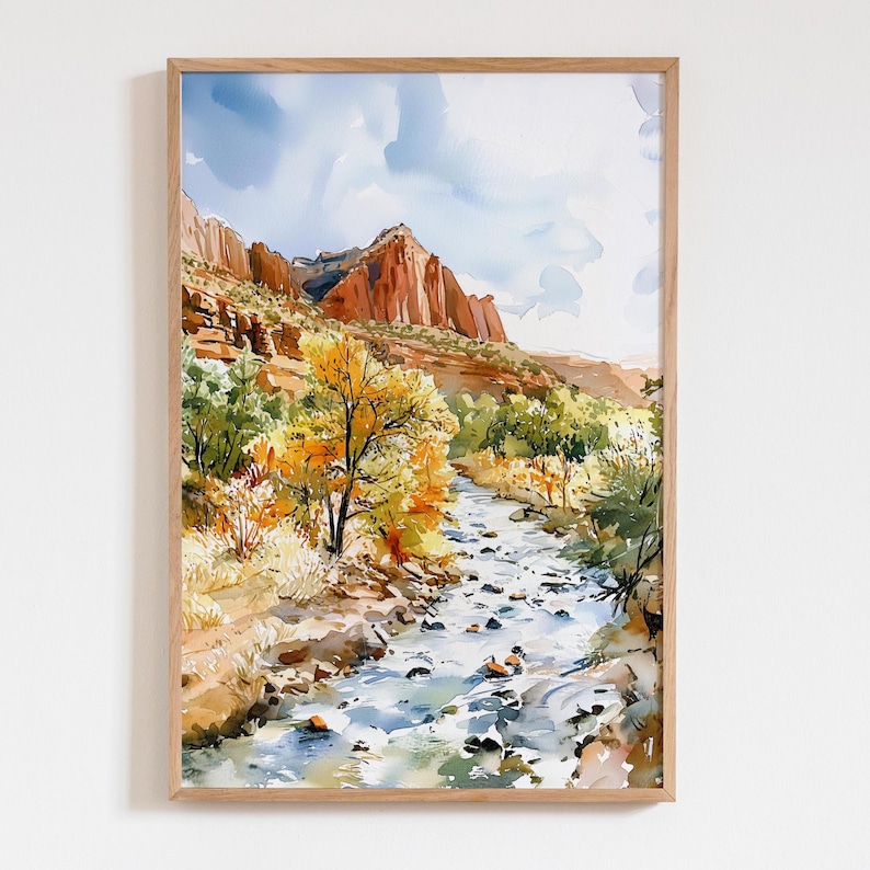 Zion National Park aquarel Art Print, Zion Travel Art Poster, VS muurdecoratie cadeau afbeelding 1