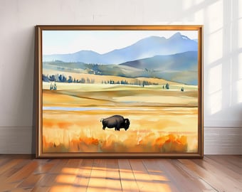 Yellowstone Bison Watercolor Print, Prairie Landscape Wall Art, Western Wildlife Decor, Buffalo Painting, Rustic Mountain Poster