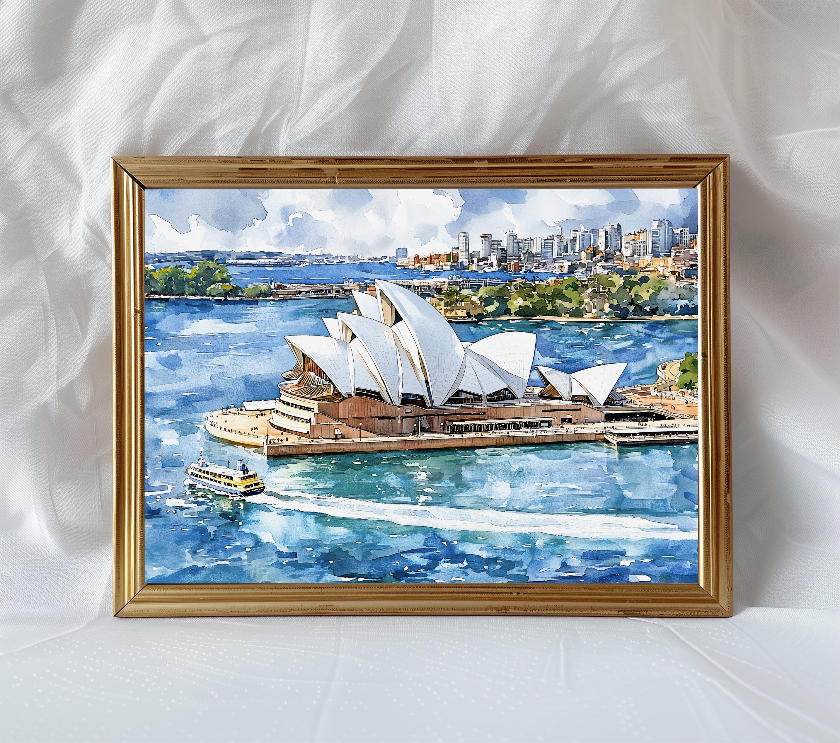 シドニー・オペラハウスの水彩画、オーストラリアの都市景観アート