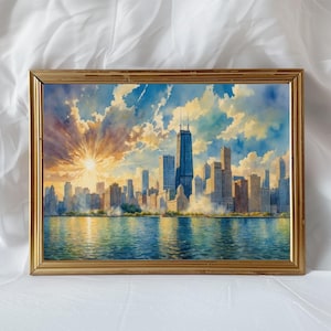 Chicago Skyline Watercolor Art Print Poster, Illinois Travel Wall Art Decor, Unique Chicago Gift, Vibrant Chicago Artwork