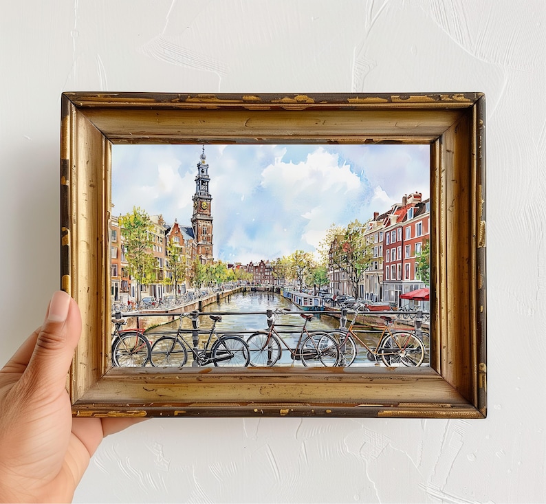 Amsterdam Watercolor Cityscape Print, Netherlands Travel Poster, Amsterdam Skyline Art, Dutch Wall Decor, Watercolor Amsterdam Painting image 5
