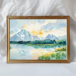 Oxbow Bend Aquarell Druck, Grand Teton Landschaft Wandkunst, Pastell Berg Natur Poster, Nationalpark Dekor, Geschenk für Naturliebhaber