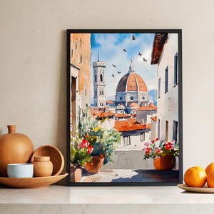 Florence Window View Watercolor Print, Italian Cityscape Wall Art, Duomo di Firenze Painting, Warm Sunny Italy Travel Decor