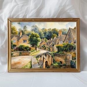 Englische Landschaft Aquarell Druck - Cotswold Dorf Landschaft - Ländliche England Wandkunst - Einzigartiges Geschenk - Englisches Dorf Dekor