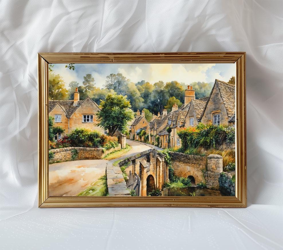 English Countryside Watercolor Print - Cotswold Village Landscape - Rural England Wall Art - Unique Gift - English Village Decor