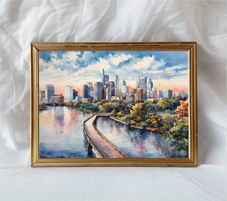 Philadelphia Watercolor Skyline Art Print, Philadelphia PA Cityscape Poster, Travel Wall Art Decor, Philly Landmark Painting