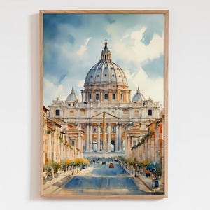 Póster con impresión artística en acuarela de la Basílica de San Pedro, Roma, Vaticano: decoración de pared para viajes a la Ciudad del Vaticano, regalo de viaje único a Roma, Italia