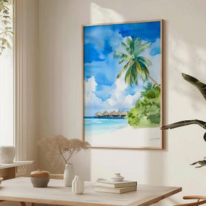 Maldives Watercolor Wall Art, Overwater Bungalows Print, Beach Tropical Travel Gift, Coastal Decor, Bright Island Landscape Poster