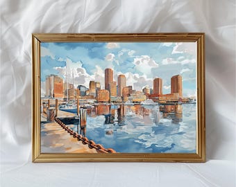 ボストンのスカイライン水彩画アートプリント、港町の風景を描いた壁飾り、反射した街の景色を描いた絵画、ボストンの彼または彼女へのギフト