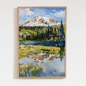 Mount Rainier Watercolor Print, Mountain Lake Reflection Landscape Art, Nature Wall Decor