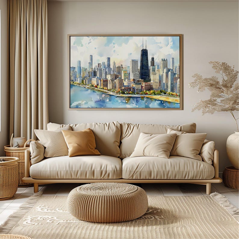 Quadro decorativo de Chicago para parede - Pintura em aquarela da paisagem urbana - Decoração com o horizonte de Chicago - Pôster de viagem para Illinois - Presente para casa imagem 7