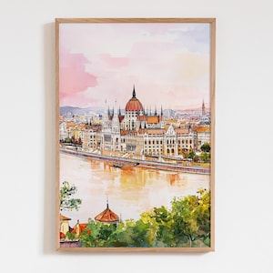 Hungarian Parliament Watercolor Print, Budapest Wall Art, Danube River Painting, Pastel Cityscape Illustration, Europe Travel Gift