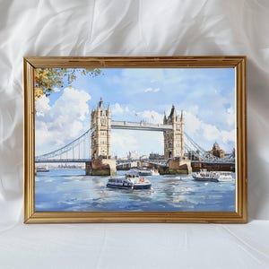 Tower Bridge London Watercolor Print, Pastel UK Cityscape Wall Art, Sunny Day British Landmark Poster, London Travel Gift Idea