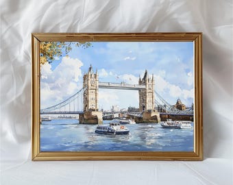 Tower Bridge London Watercolor Print, Pastel UK Cityscape Wall Art, Sunny Day British Landmark Poster, London Travel Gift Idea