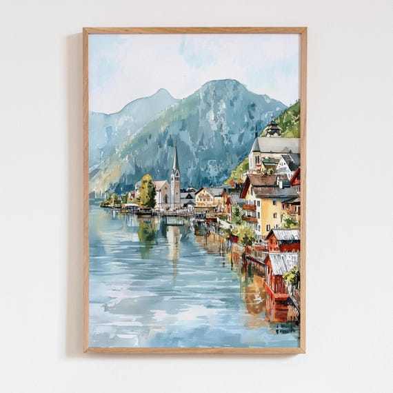 Hallstatt Austria Watercolor Print, Villagecore Lake Art, European Travel Wall Decor, Pastel Cityscape Painting, Gift for Traveler
