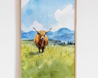 Highland Cow Watercolor Print, Scottish Pasture Animal Art, Highland Cattle Wall Decor, Country Farmhouse Gift, Cow Painting Poster